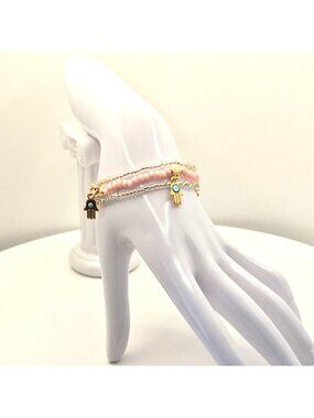 Handmade Evil Eye & Hamsa Charm Beaded Bracelet Set In Pink & Gold